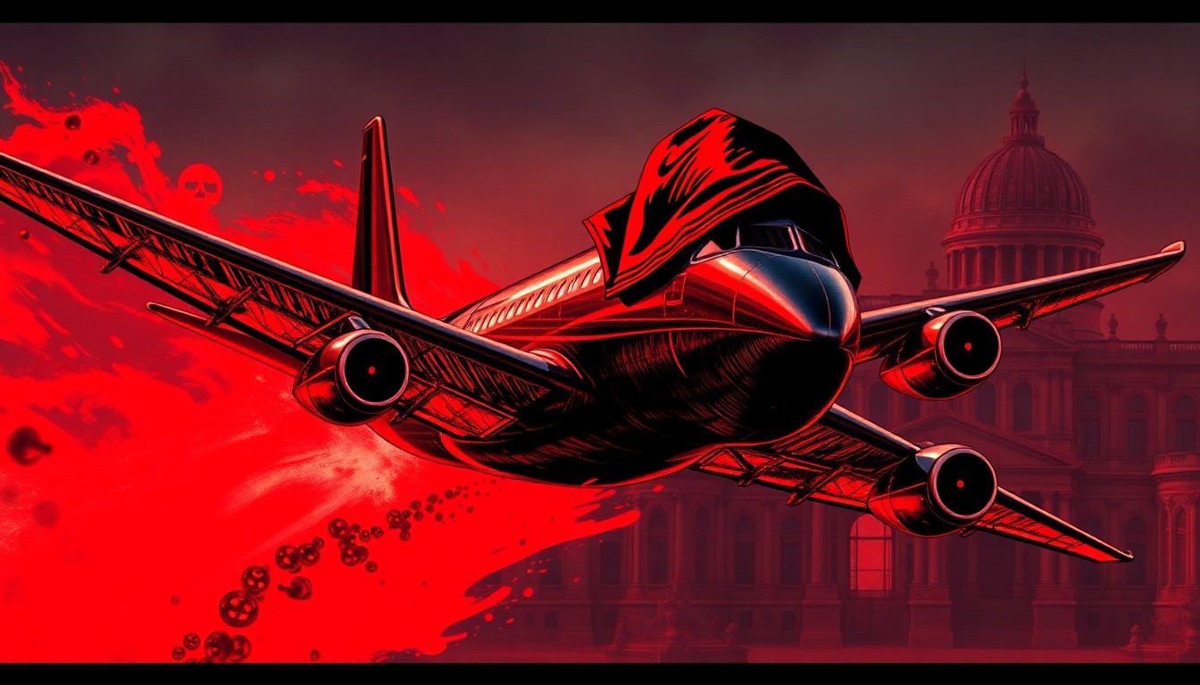 A rugged passenger plane with Robin Hood's hood over the cockpit, flying away from a European parliament building, leaving a trail of red ink